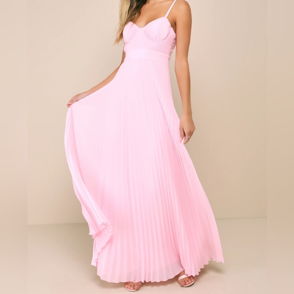NWT Lulus Blush Light Pink Bustier Pleated Maxi Dress Sz L